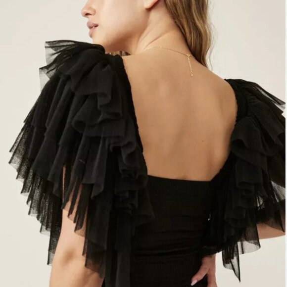 NWT Free People "Kill the Lights" Bodysuit Black Tulle Ruffle Sleeve Top Sm - Picture 8 of 13